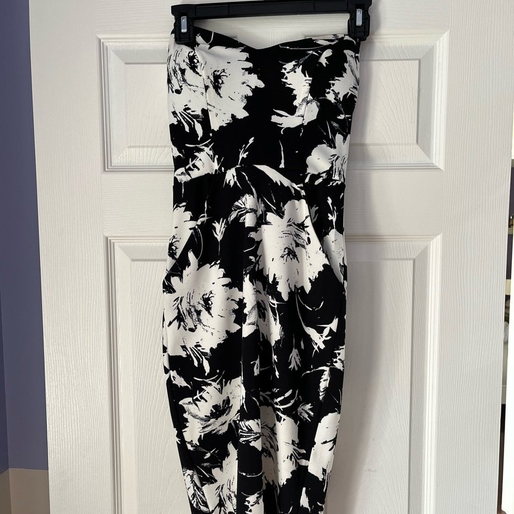 Black and white strapless flower dress from Macy’s.